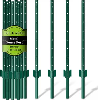 Pacote com 10 postes de cerca de metal, poste em U resistente de 900 cm, estacas de jardim verdes, âncoras de poste sem escavação para cercas de arame, cercas temporárias, cerca elétrica e suporte de