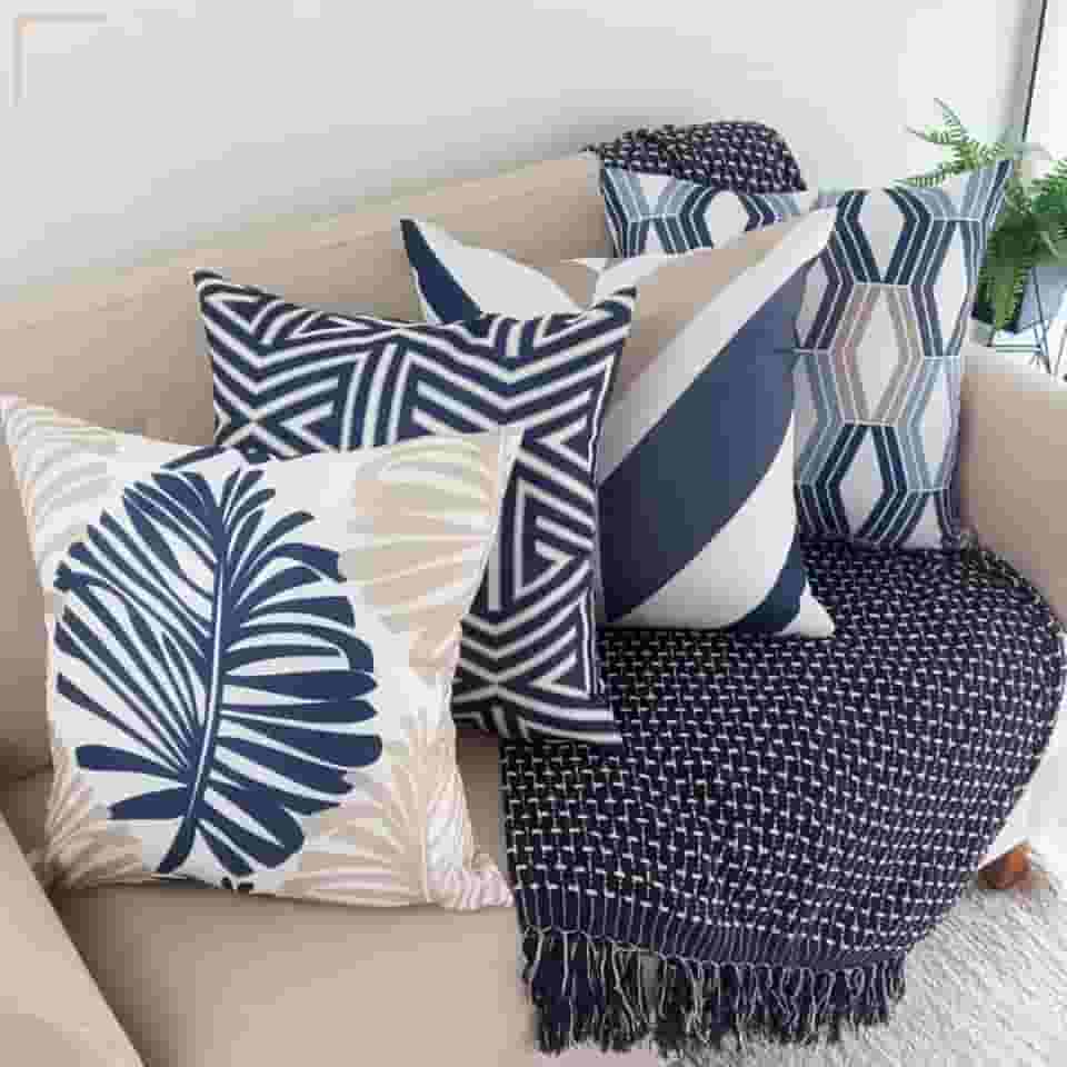 Kit 4 Capas de Almofadas Decorativas Geométrica abstrato Moderna Azul Bege 45x45cm