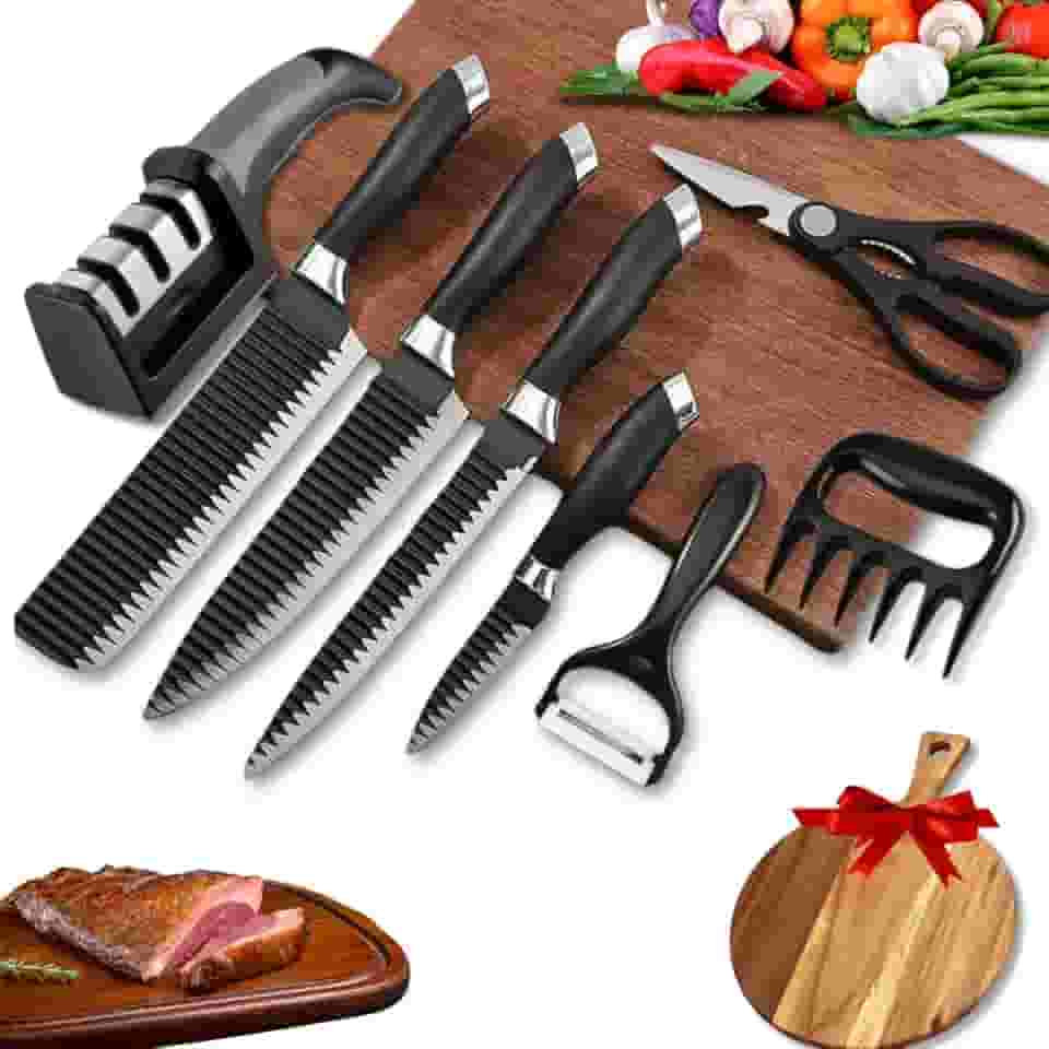 Kit de Facas Cozinha Churrasco Premium Inóx 9 Peças MZcell - Conjunto completo do Chef com Facas Lindas e Precisas, Amolador, Garra de Urso + Tábua