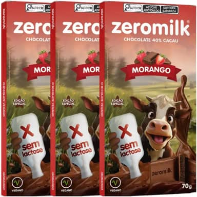 Kit com 3 tabletes de chocolate vegano 40% cacau sabor morango de 70g cada - Zeromilk