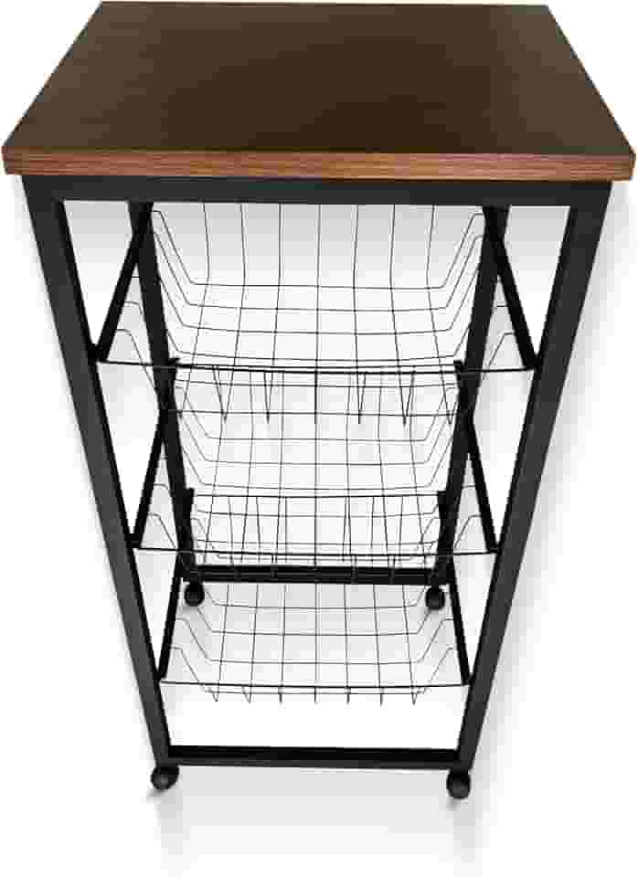 Fruteira De Chão Cozinha Em Aço Com Rodinhas (Preto/Amadeirado)