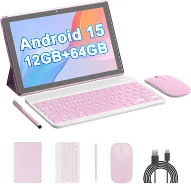 HOTTABLET Tablet Android 15 de 10 polegadas, 12 (4 + 8 expansão) GB de RAM + 64 GB de ROM, câmera dupla de 2 + 8 MP, bateria de 6000 mAh (tablet + estojo + caneta stylus + beyboard + mouse) (rosa)