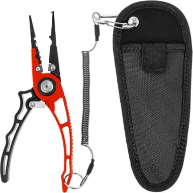 Alicate de pesca, alicate de pesca de liga de alumínio, removedor de gancho com trava de segurança, alicate de anel dividido multifuncional com bainha e cordão, equipamento de pesca profissional para