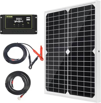 Kit Painel Solar 20W 12V Monocristalino com Controlador de Carga Solar 10A + Cabo de Extensão com Garras para Bateria e Terminal Olhal para Motorhome, Barco, Uso Marítimo e Sistema Off-Grid