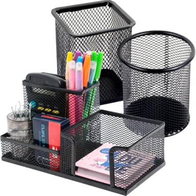 Porta Caneta Organizador de Mesa Escritório 5 Compartimentos Metal Aramado Com Divisórias Para Clip Lápis Bloco de Notas Tesoura Borracha