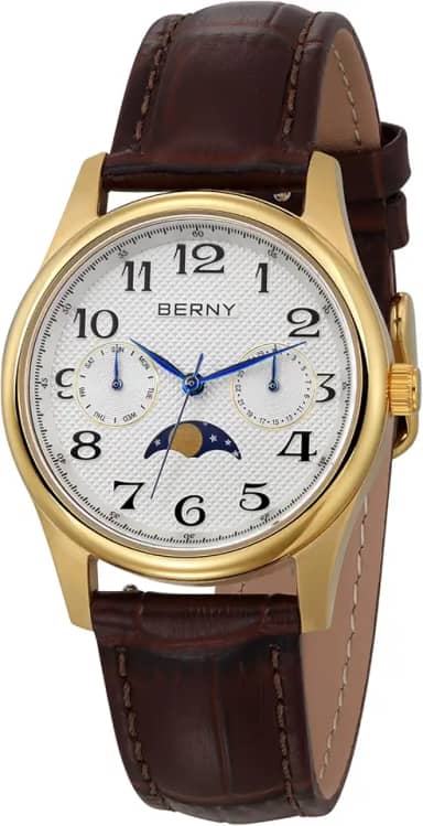 Relógio feminino dourado com fases da lua, relógio de pulso de quartzo, fácil leitura, numerais arábicos, mostrador multifuncional, analógico, caixa de aço inoxidável, com calendário de data e