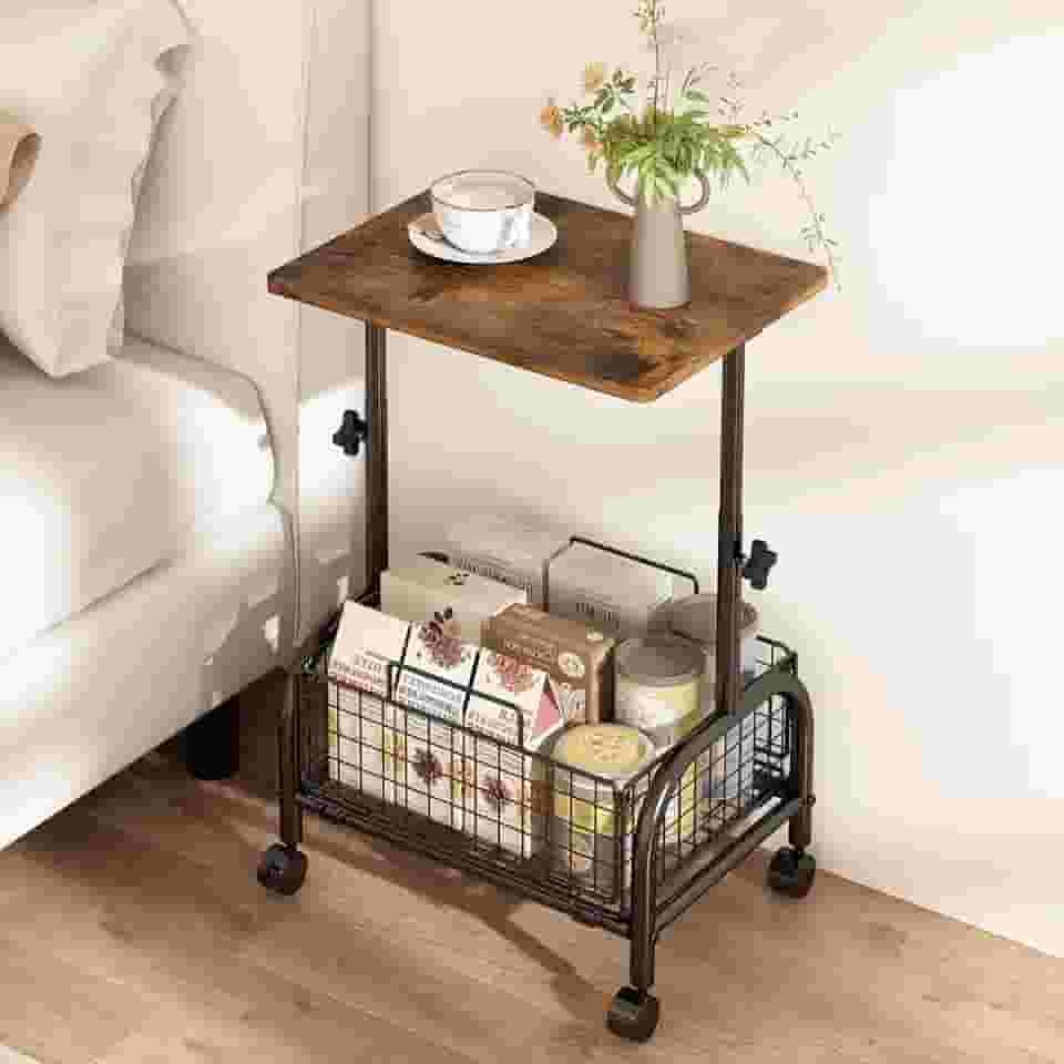 Mesa Lateral, Mesa Lateral para Sofá, Mesa de Canto Móvel, com Cesto e Altura Ajustável, Pode ser Usado Como Carrinho Móvel para Armazenar Itens