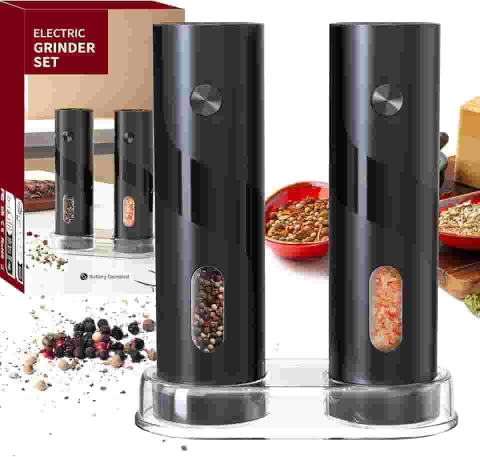 Kit 2 Moedor de Pimenta e Sal Elétrico Automático, Operação com Uma Mão, Luz LED, Ajuste de Moagem, com Acrílico de Mesa Porta Sal, a Pilha, 120ml, Preto, Premium, para Cozinha e Churrasco