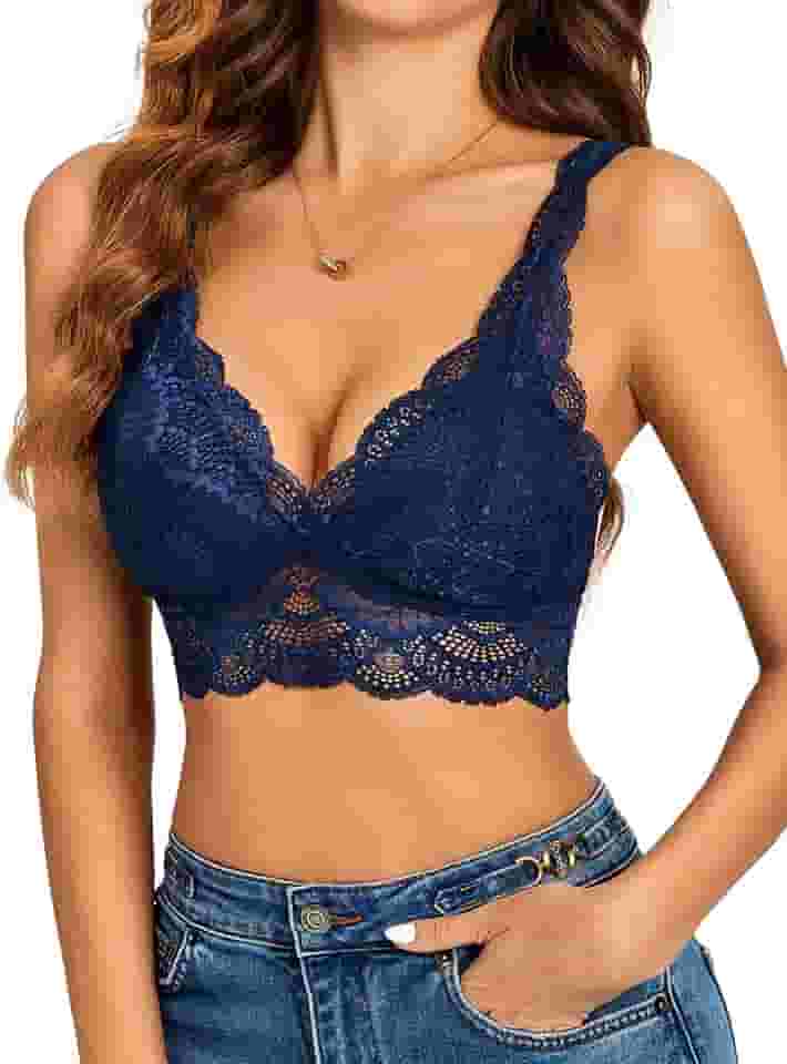 Lace Bralettes Feminino Triângulo Mergulho Sem Fio Sutiãs Camisole Tops Cami Strappy Sexy Macio (Azul, M)