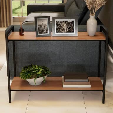 Mesa Lateral Sofá Industrial Estrutura Metálica Preta Com Tampo Mdf Moderna Para Sala Cantinho Café Decoração Elegante Freijó