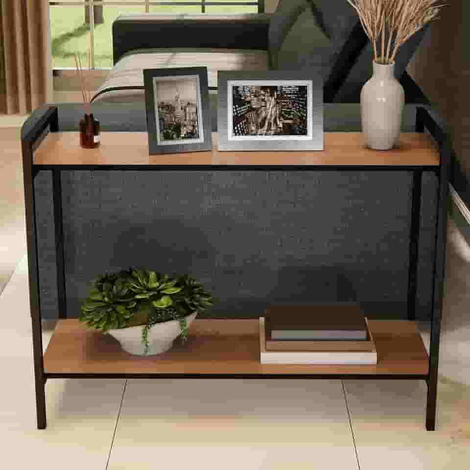 Mesa Lateral Sofá Industrial Estrutura Metálica Preta Com Tampo Mdf Moderna Para Sala Cantinho Café Decoração Elegante Freijó