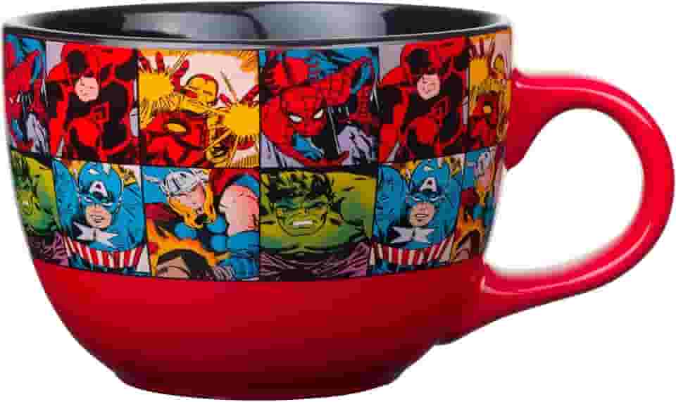 Silver Buffalo Caneca de café de cerâmica grande da Marvel Comics Heroes Avengers Grid com Homem-Aranha, Capitão América, Thor, Hulk e Homem de Ferro, 700 ml