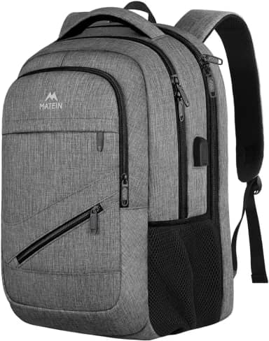 Mochila para laptop de viagem, grande mochila de viagem TSA para homens e mulheres, mochila de transporte com porta de carregador USB e manga de bagagem, bolsa de livros escolar durável da Matein, cinza