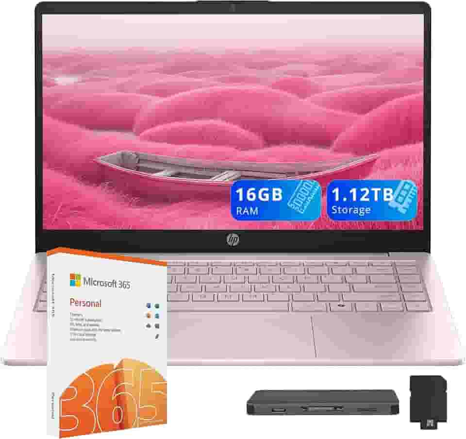 HP Laptop Stream de 14 polegadas para estudantes e negócios, processador Intel N150, 16 GB de RAM, armazenamento de 1,12 TB (conjunto de estação de ancoragem de 128 GB + 1 TB), Wi-Fi 6, 1 ano Office