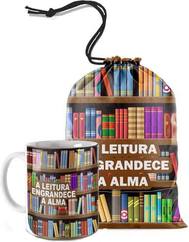Caneca Biblioteca Estante de Livros Incentivo para Ler - A Leitura Engrandece a Alma