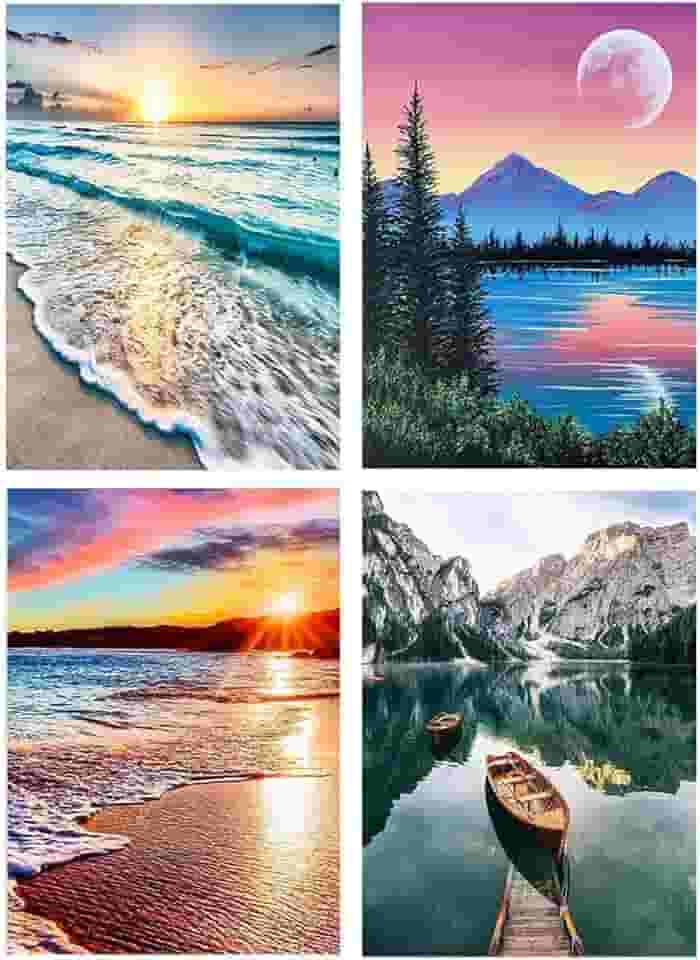 Pintura por números para adultos – Kit DIY de pintura por números para adultos, pacote em tela, pôr do sol, praia, pintura por números, para iniciantes, pintura acrílica, barco nas montanhas, lago,