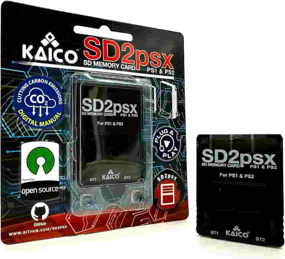 Kaico PSX Mem Card Gen 2 Cartão de memória compatível com PlayStation 1 e 2 - Firmware atualizável - Armazenamento ilimitado - Inclui um cartão microSD de 8 GB - Cartão de memória de jogo de alta