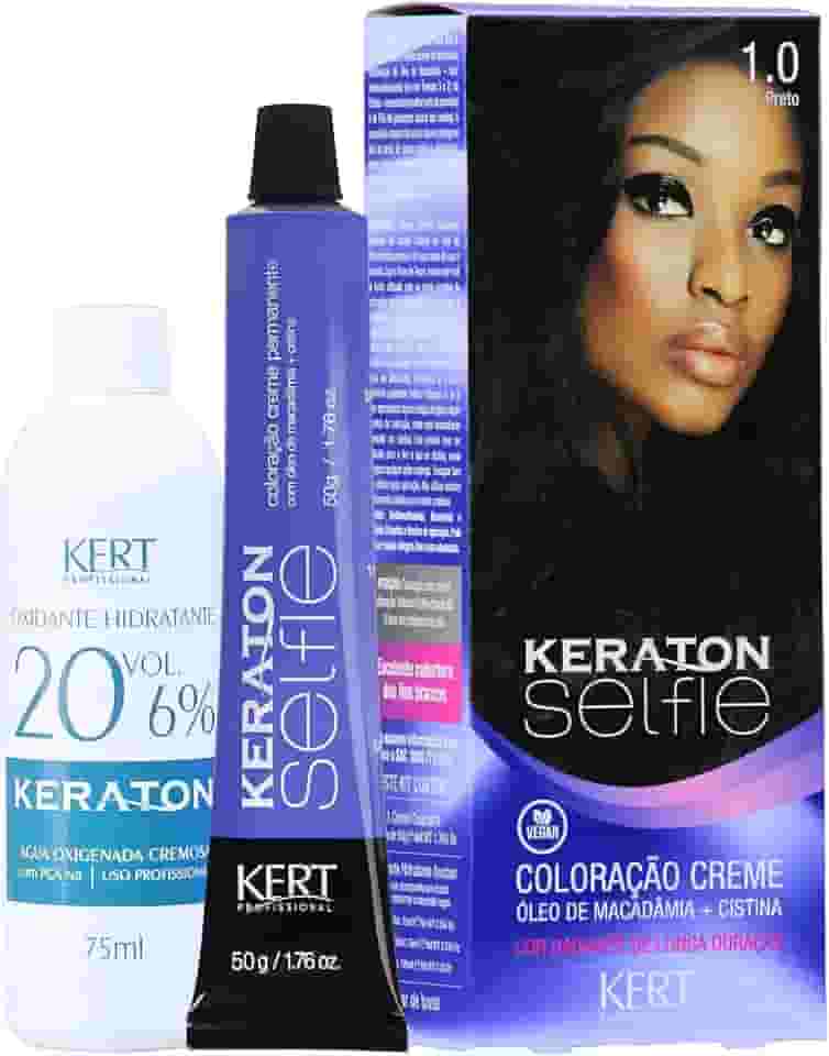 Coloração permanente em creme para cabelos, Com cistina e óleo de macadâmia, Selfie, 50g, Keraton, Nº 1.0 Preto