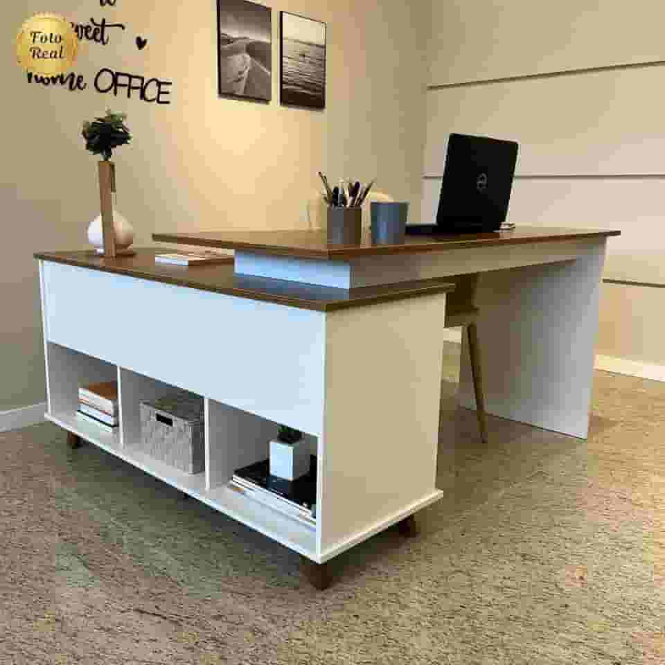 Escrivaninha em L Retrô para Home Office ou Escritório 2 Gavetas - Gold Artany