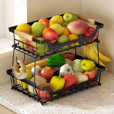 Fruteira de Mesa Organizador de Frutas, Cesto de Frutas Metal de 2 Níveis, Cesta de Armazenamento de Frutas com Alça, Fruteira de Cozinha para Armazenar Verduras e Frutas