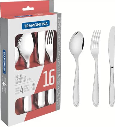 Faqueiro Tramontina Laguna em Aço Inox com Facas de Mesa Acabamento em Brilho com Detalhes no Cabo 16 Peças