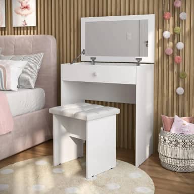 Penteadeira Escrivaninha Mesa Camarim Com Espelho e Gaveta e Banqueta (Branco)