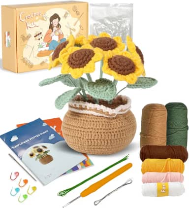 Ktmeor Kit de crochê para iniciantes, kit de plantas de crochê para adultos e crianças com tutoriais em vídeo passo a passo, suprimentos de tricô DIY - girassol
