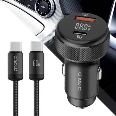Carregador Veicular Turbo 60W PD 3.0 QC 4.0 Alumínio Premium com Cabo USB-C Reforçado Carregamento Ultra Rápido para Celulares iPhone Samsung Motorola Xiaomi Redmi Poco Notebook