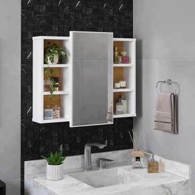 Espelheira Armário Para Banheiro Aéreo Nicho Prateleira Porta Espelho (Branco/Nature)
