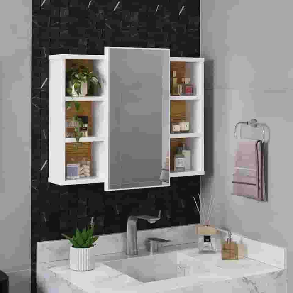 Espelheira Armário Para Banheiro Aéreo Nicho Prateleira Porta Espelho (Branco/Nature)