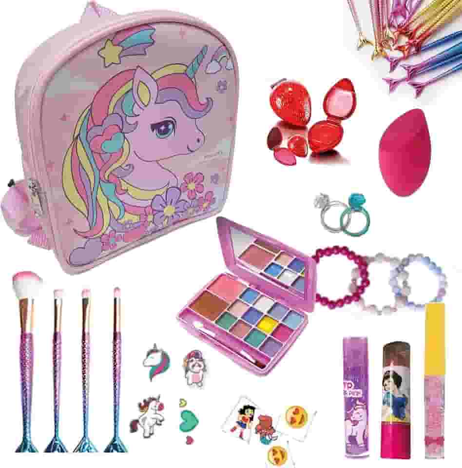 Maquiagem Infantil Kit com Maleta Unicórnio, Paleta de Sombras, Pincéis de Maquiagem Sereia, Gloss Labial e mais acessórios. Brinquedo Presente para meninas Kit Beleza