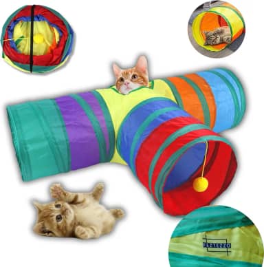 Brinquedo Interativo para Gatos Pets Tunel com Bolinha – Portátil com 3 Saídas em T para Gatos, Coelhos e Furões, Estímulo, Diversão, Exercício e Aventura Único– Túnel Colorido, Pop-Up e Enrugado
