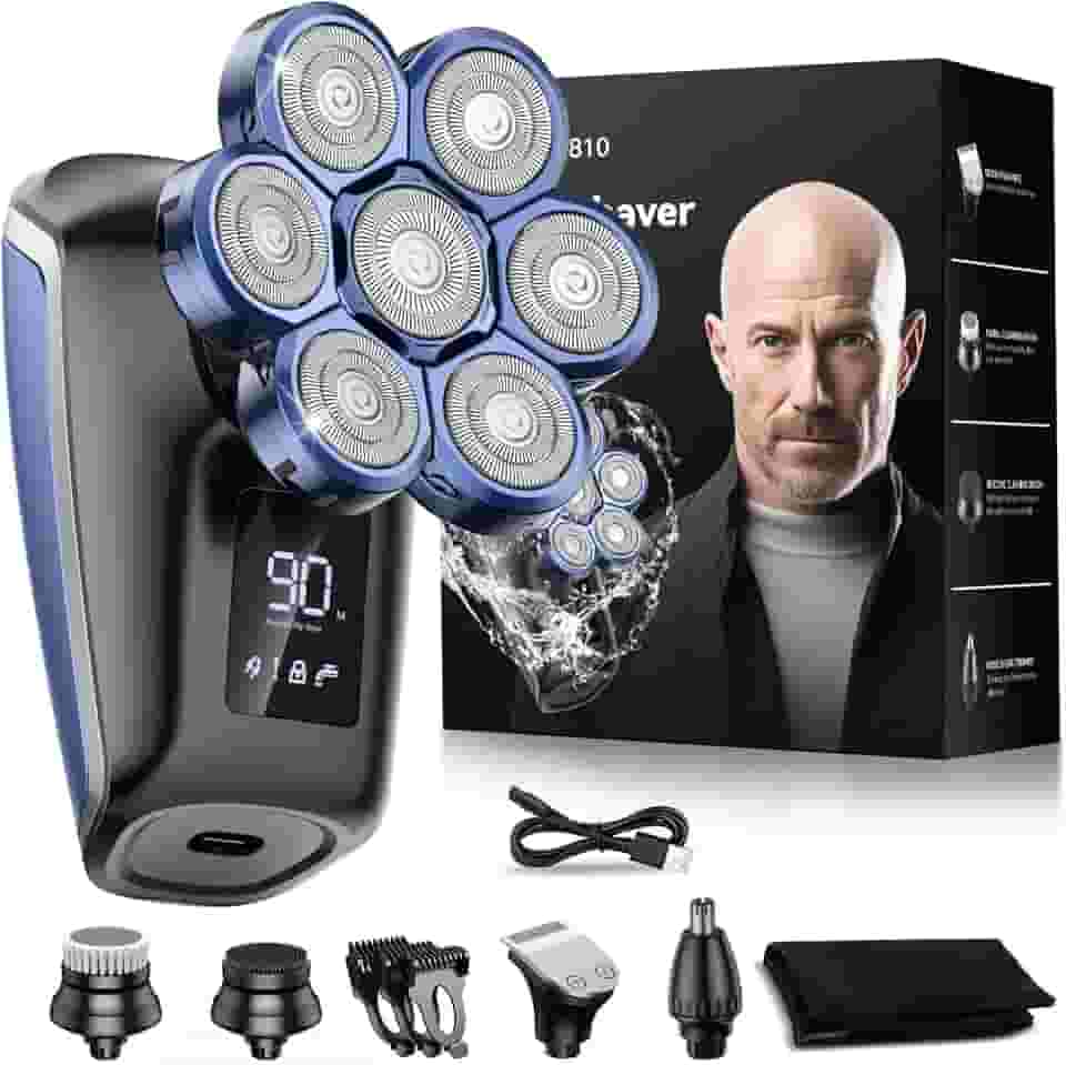 Barbeadores de cabeça para homens carecas, barbeador de cabeça impermeável Uythumidid 7D molhado/seco, recarregável por USB e tipo C, kit de barbeador elétrico 7 em 1, barbeador rotativo masculino