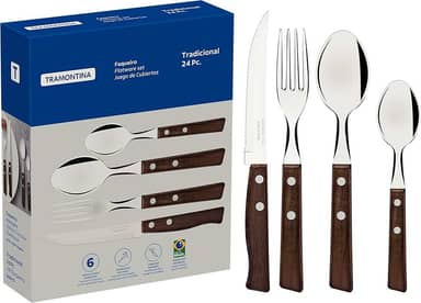 Faqueiro 24 Peças Tradicional Sortidos com Laminas de Aço Inox e Cabos de Madeira, Tramontina, Tradicional 22299050, Natural