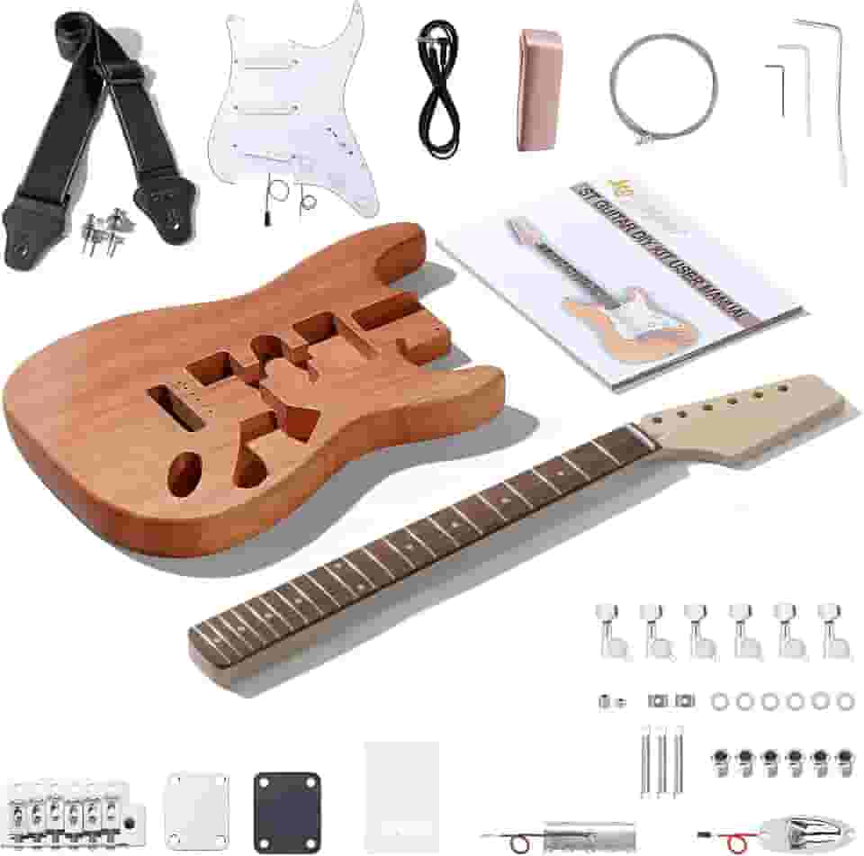 Leo Jaymz Kits de guitarra elétrica estilo ST DIY com corpo de mogno e pescoço de bordo - escala de madeira de louro e todos os componentes incluídos (ST)