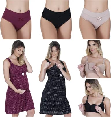 Kit Maternidade: 2 Camisolas de Amamentação com Abertura na Alça + 3 Calcinhas Pós Parto + 2 Sutiãs de Amamentação (SORTIDO, P (38/40), M (42/44), G (46), GG (48))