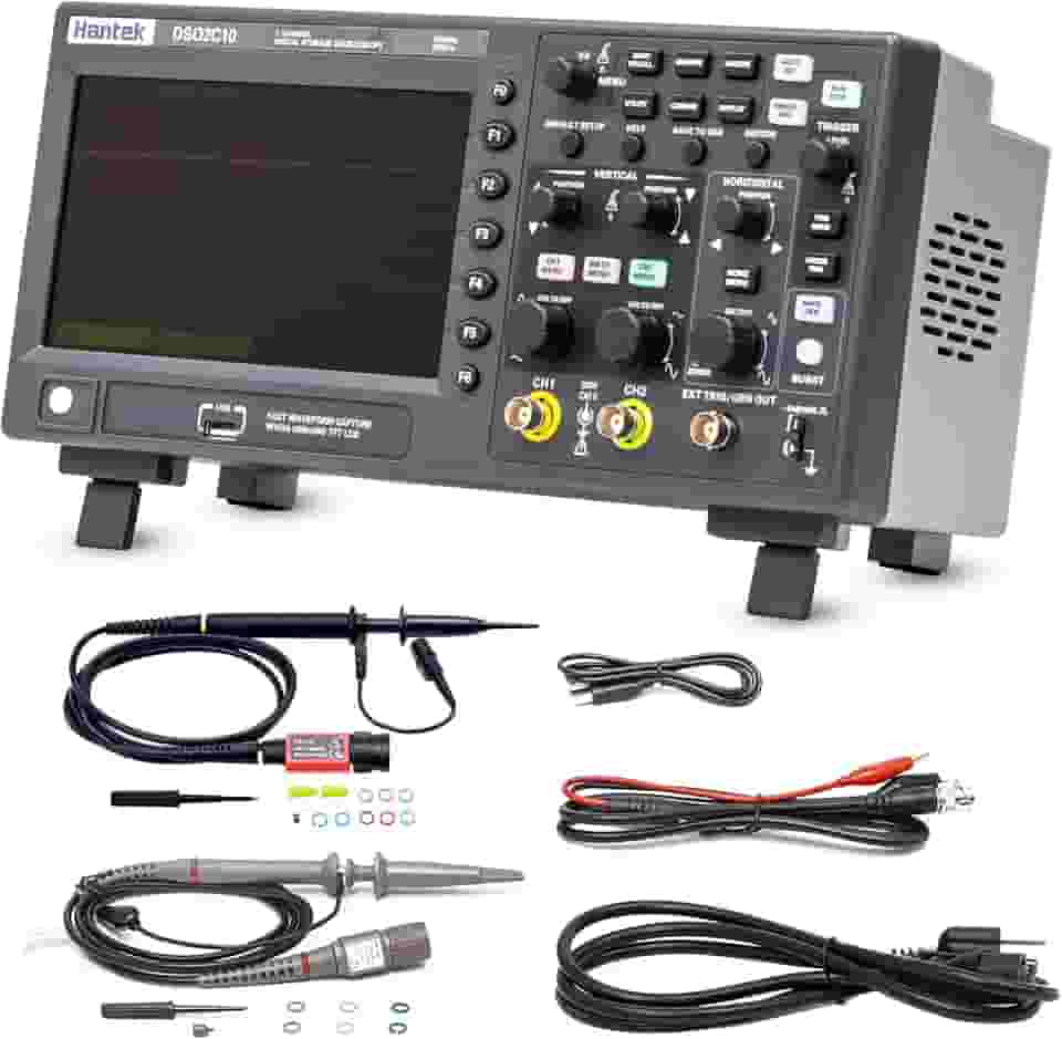 Hantek Osciloscópio de armazenamento digital dso2c10, largura de banda de 100mhz, 2 canais, canal duplo, 1gsa/s, profundidade de memória de 8m com sonda de alta tensão