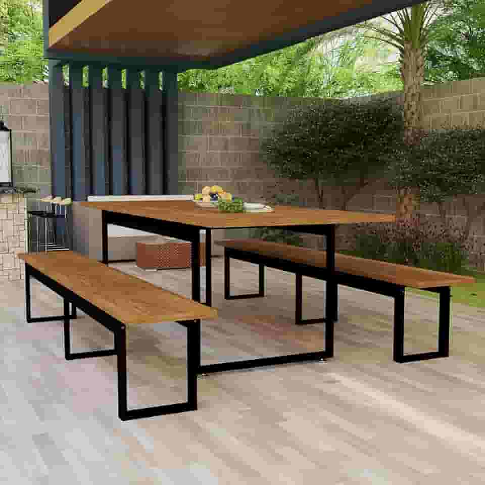 Conjunto Mesa e Bancos de Madeira com Estrutura em Ferro Estilo Industrial para Área Externa e Interna (Nature)