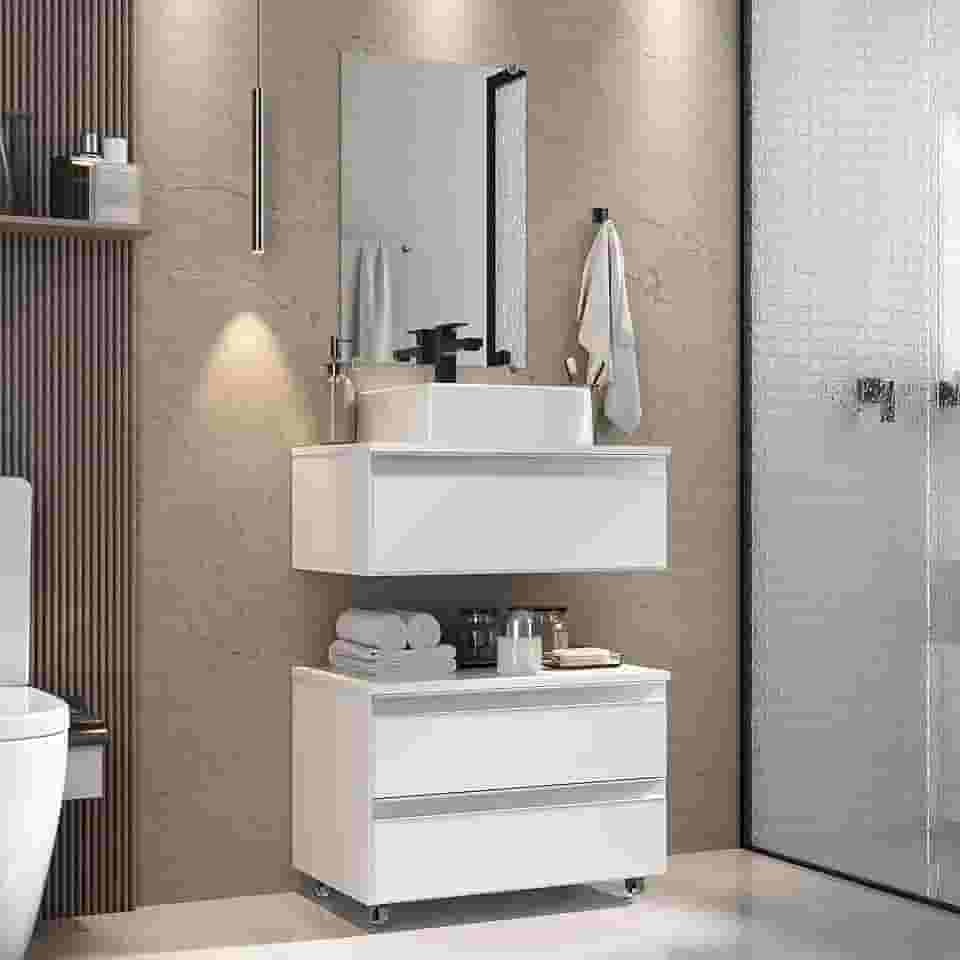 Gabinete Banheiro Creta 60cm (02 armários + cuba + espelho) (Branco Inteiro)