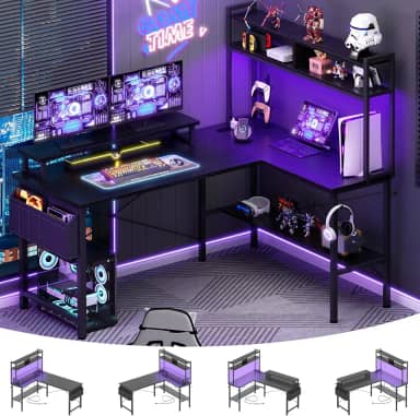 Aheaplus Mesa de jogos em forma de L com tomadas elétricas e luzes LED, mesa pequena em forma de L para computador com suporte para monitor e prateleira de armazenamento, mesa de escritório em casa