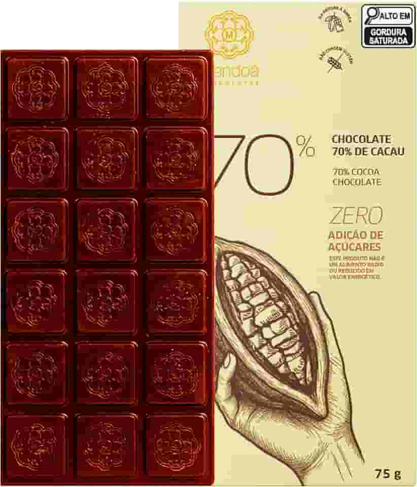 Mendoá, Barra de chocolate premium 70% de cacau, Zero Açúcar, 75 gramas