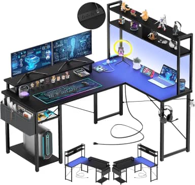 Aheaplus Mesa de jogos pequena em forma de L com luzes LED e tomadas, mesa de computador reversível em forma de L com suporte para monitor e prateleira de armazenamento, mesa de canto para escritório