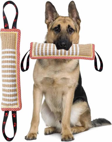 Clysoru Brinquedo de puxar para cães, almofada de mordida de juta resistente, equipamento de treinamento de longa duração, para cães grandes e grandes, interativo para grandes e pequenos