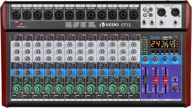 VEDO Mesa de Mistura CT12 Profissional de 12 Canais com Equalizador de 3 Bandas, 24 Efeitos DSP, Bluetooth 5.0, Reprodução/Gravação USB, Alimentação Phantom 48V para Som ao Vivo, Estúdio, Karaokê