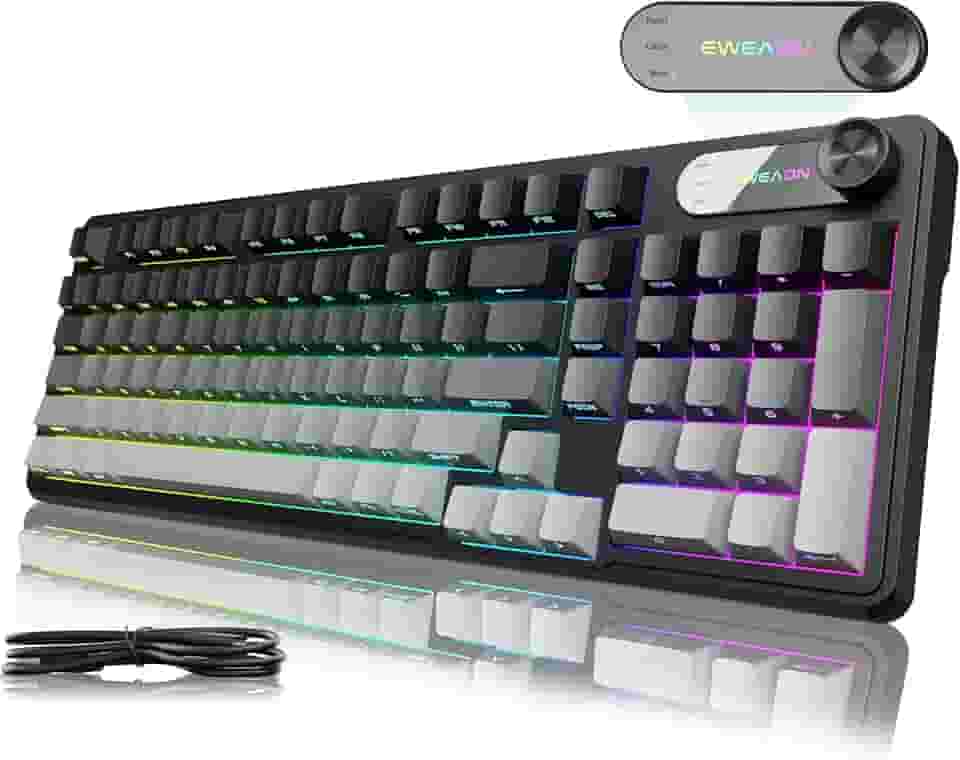 Teclado com fio V102, teclado cremoso para jogos de 98 teclas com teclado numérico, tela de exibição e botão de mídia RGB silencioso com fio fofo teclado de computador para laptop, PC, jogador