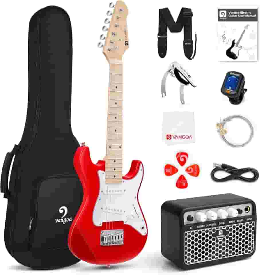 Guitarra elétrica infantil Vangoa 76 cm para iniciantes kit para jovens jogadores com amplificador, bolsa, alça, cordas extras, capo, afinador, palhetas, cabo (vermelho)