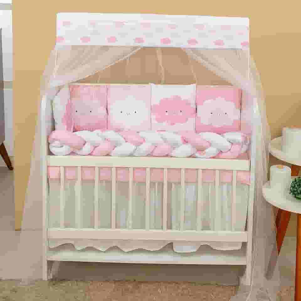 Kit Mini Berço Chuvinha de Amor 13 Peças Protetor e Saia de Berço Rosa e Branco