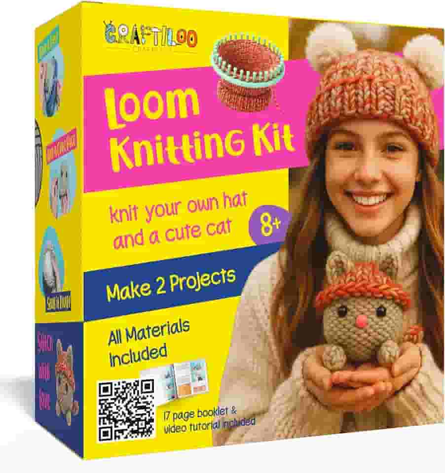 CRAFTILOO Kit de tricô para crianças – Kit de tricô para iniciantes para fazer um chapéu e gato – Kit de tear de tricô rápido com fios, ferramentas e instruções – Kit de tricô para iniciantes para
