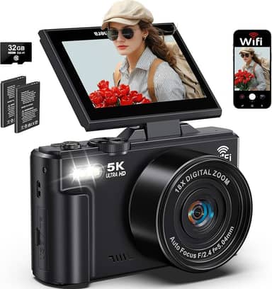 Câmera Digital, 5K 75MP, camera fotografica, transmissão Wi-Fi,foco automático,zoom digital de 18x,tela giratória de 180 graus,cartão SD de 32G,Flash,camera cybershot,vlog