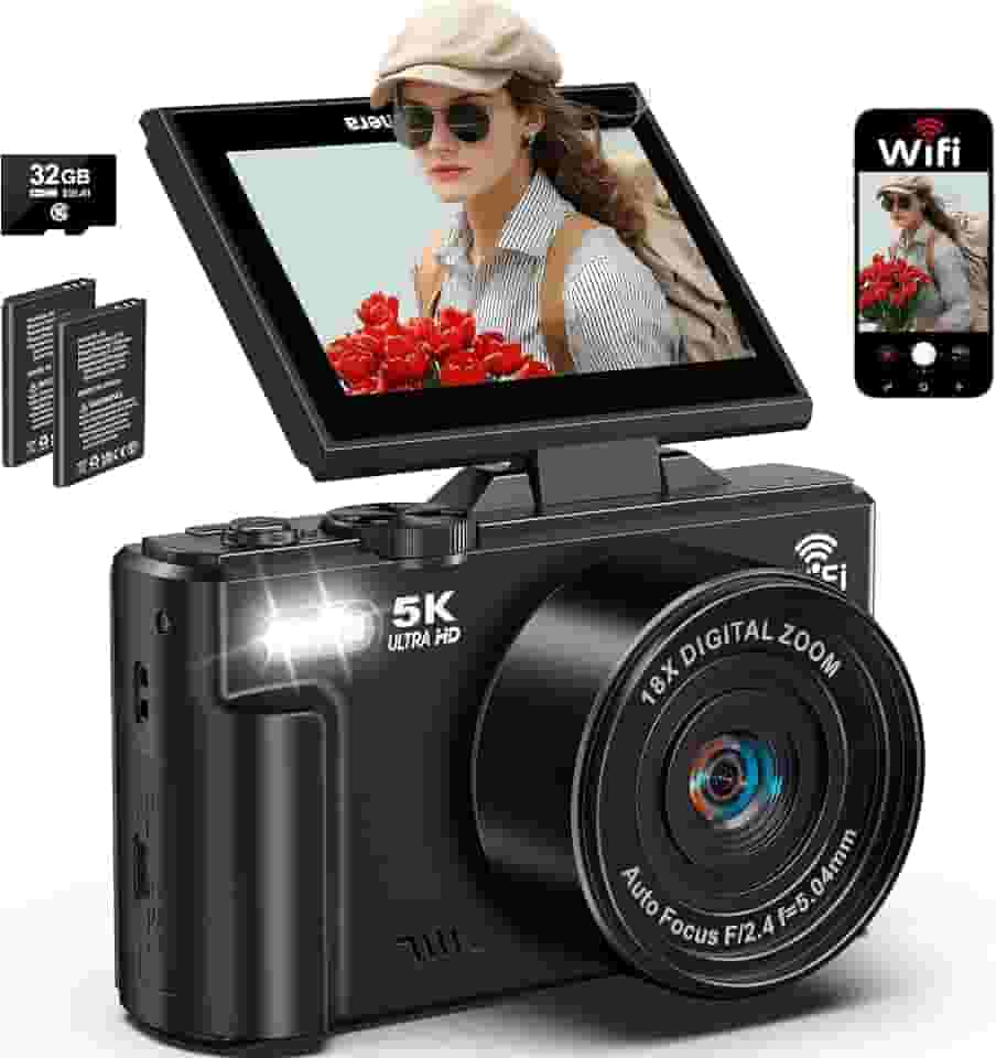 Câmera Digital, 5K 75MP, camera fotografica, transmissão Wi-Fi,foco automático,zoom digital de 18x,tela giratória de 180 graus,cartão SD de 32G,Flash,camera cybershot,vlog